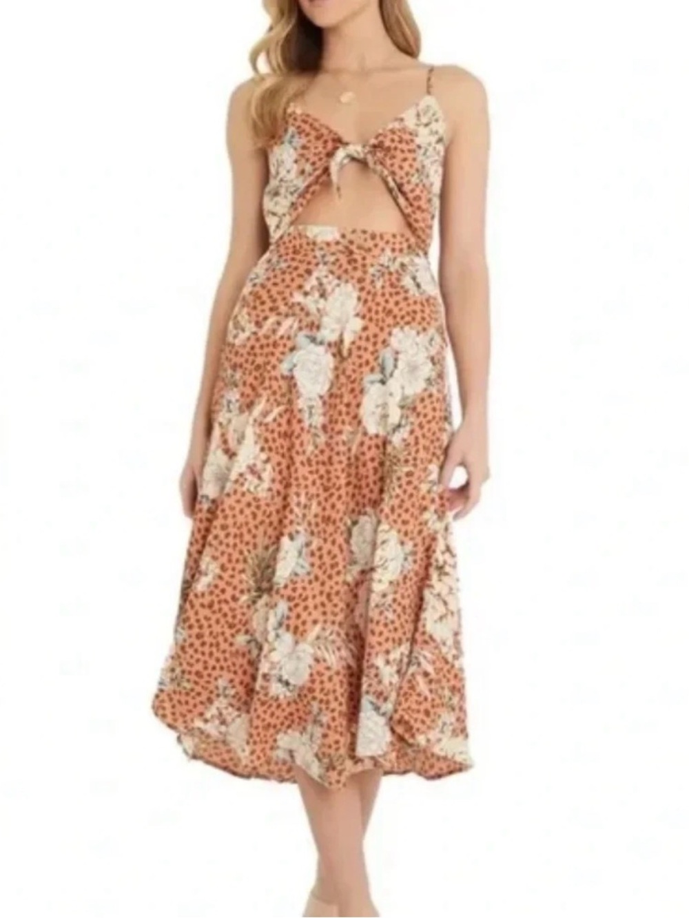 Vici Orange Floral Midi Dress with Cream Accents